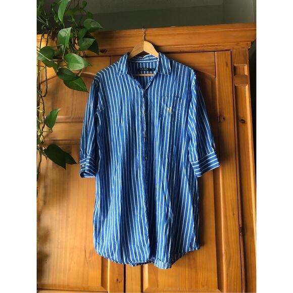 Lauren Ralph Lauren blue & white striped shirt RL" logo embroidered SZ L - Picture 1 of 10